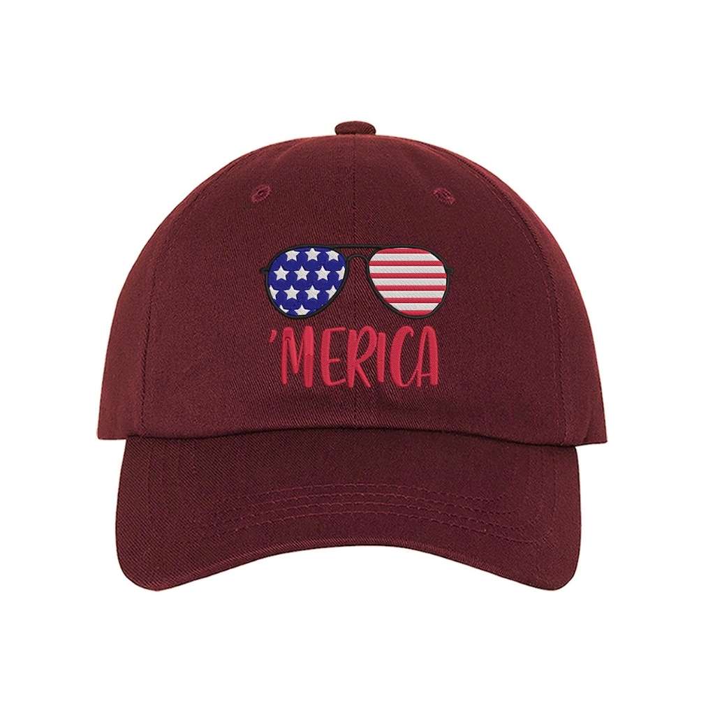 Embroidered Merica with sunglasses on burgundy Baseball hat - DSY Lifestyle