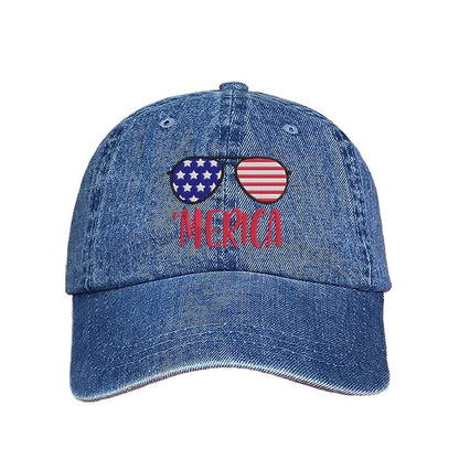 Embroidered Merica with sunglasses on light denim Baseball hat - DSY Lifestyle