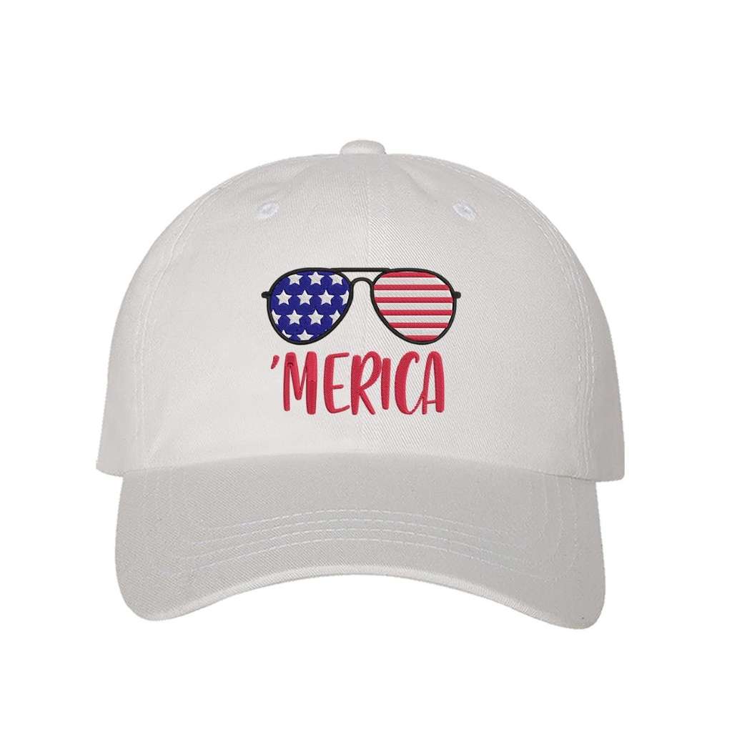 Embroidered Merica with sunglasses on white Baseball hat - DSY Lifestyle