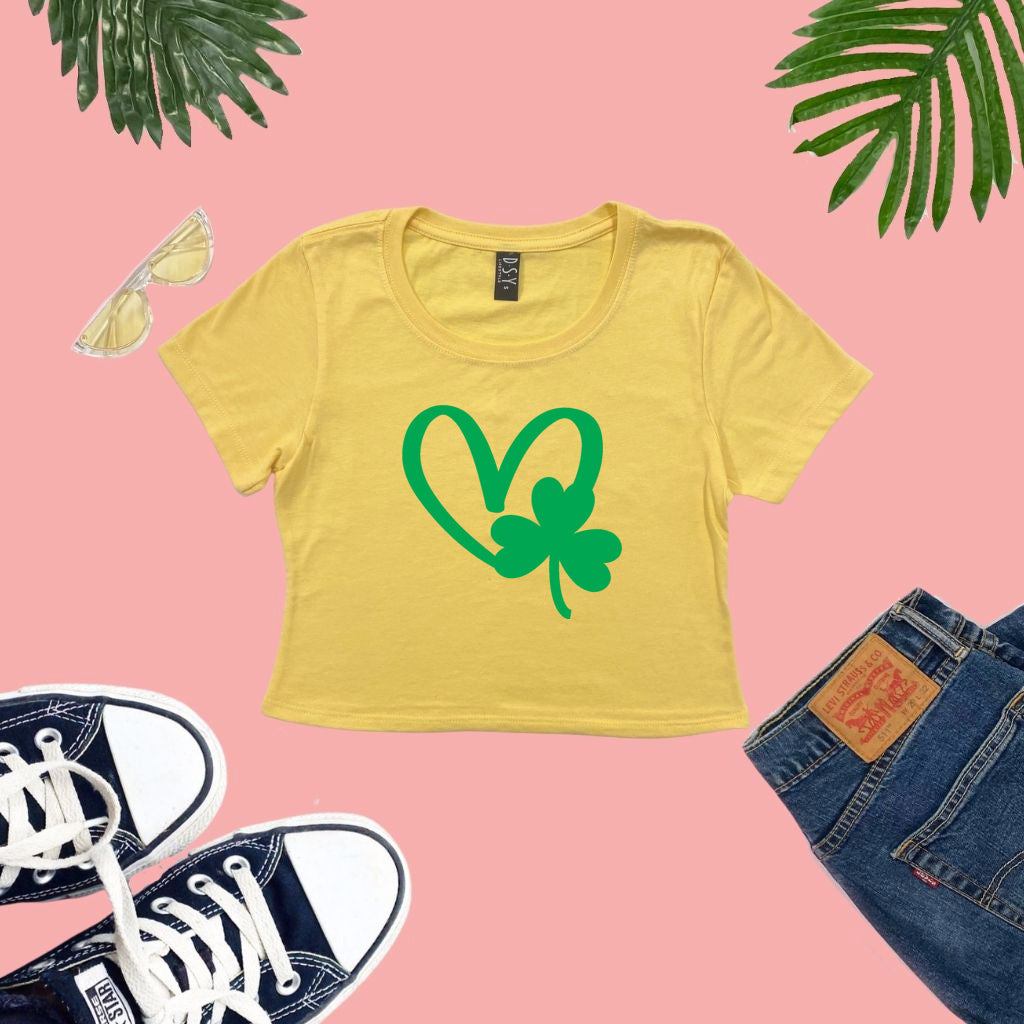 Banana Cream Cropped Top with a green shamrock and heart printed on the front - DSY Lifestyle