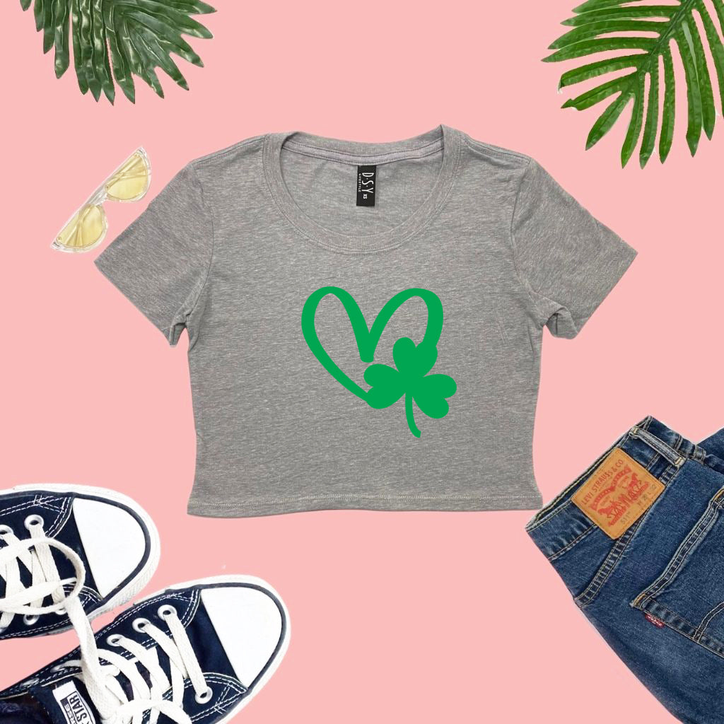 Heather Gray Cropped Top with a green shamrock and heart printed on the front - DSY Lifestyle