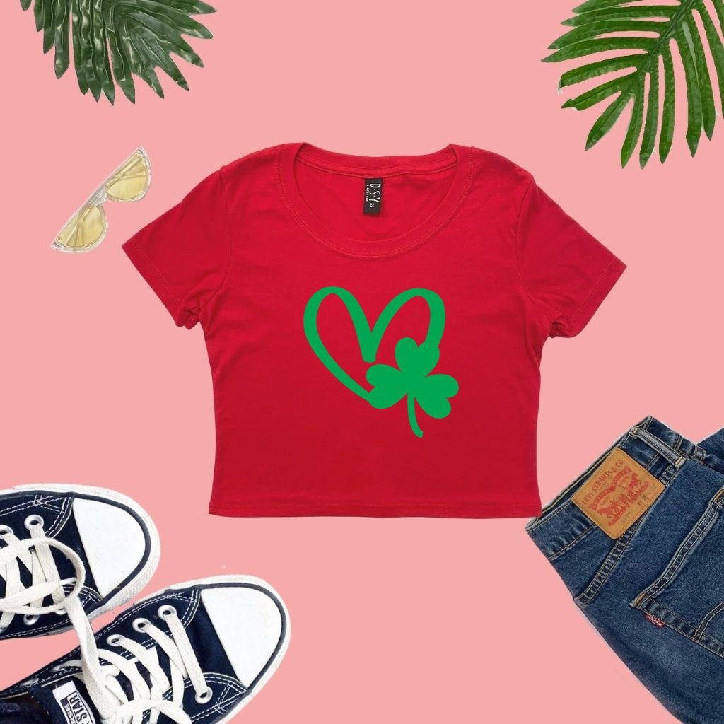 Red Cropped Top with a green shamrock and heart printed on the front - DSY Lifestyle