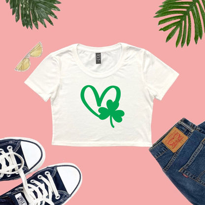 White Cropped Top with a green shamrock and heart printed on the front - DSY Lifestyle